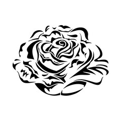 Rose flower head black contour silhouette isolated on white. Single blooming bud, stencil style. Vector clipart and png for wedding and holiday design and print, tattoo, emblem, laser engraving.