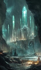 Fototapeta premium A mystical cave with a glowing, ancient structure.