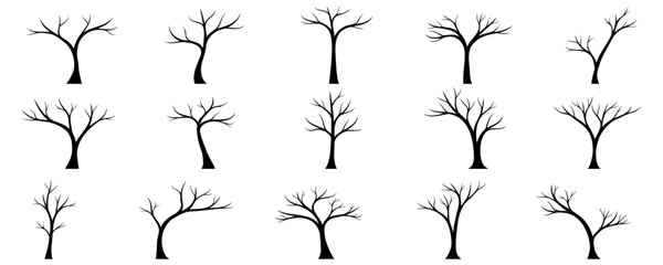 Set of Tree without leaves silhouette isolated on white background. Trees for Halloween. Vector illustration