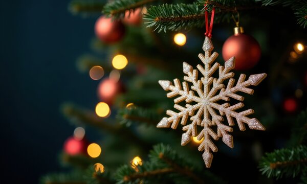 Christmas tree decoration snowflake hanging on branch of a New Year tree on festive background