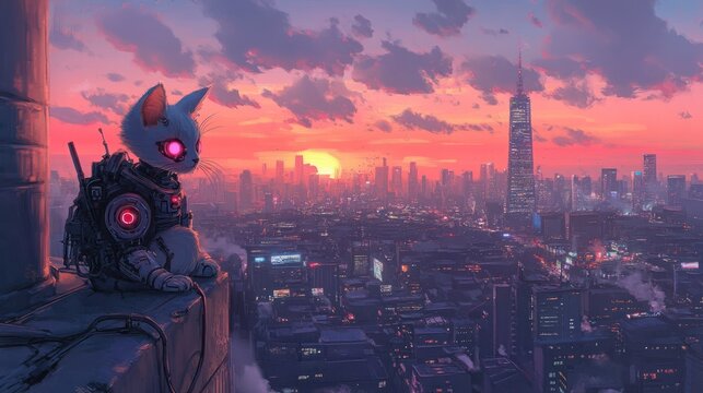 A Cyborg Cat Sitting on a Rooftop Overlooking a City at Sunset