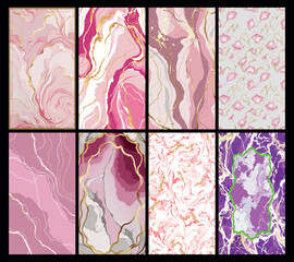 White Marble and Gold Abstract Backgrounds with Subtle Fluid Ink Effects