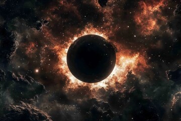 A mesmerizing view of a distant planet silhouetted against a fiery cosmic backdrop, surrounded by vibrant nebulae.