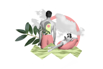 Surreal strange style photo collage young female browsing cellphone sit bean bag pouf male guy with door in back blue sky background