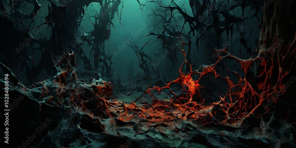 Poster a dark forest with a lava flow