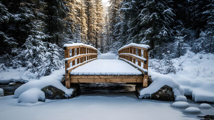 A snow-covered wooden bridge crossing a frozen creek in a quiet alpine forest.