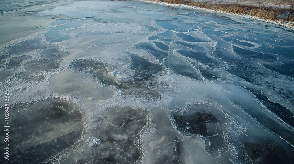 Poster 21. a sweeping view of a frozen lake, with ice patterns and empty shores