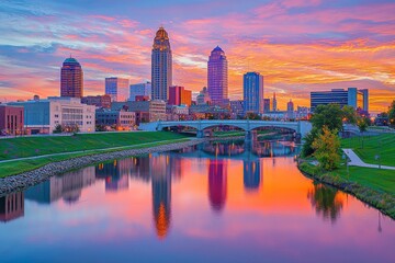 Naklejka premium Stunning sunset reflection over a city skyline, showcasing vibrant colors and a peaceful river, highlighting urban life.