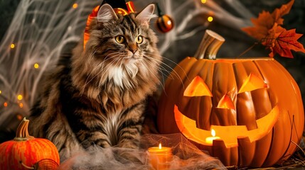 Festive Fluffy Cat in Halloween Costume Next to Carved Pumpkin with Glowing Candle, Amidst Cobwebs and Spooky Pumpkins with Shallow Depth of Field