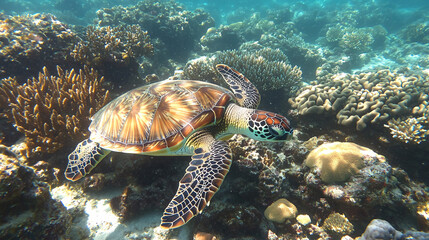 Obraz premium A beautiful green turtle swimming among coral reefs