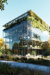 Obraz premium Modern glass building with greenery, showcasing sustainable architecture and a bright, inviting atmosphere.