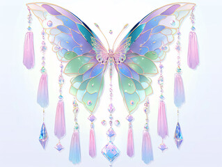 s a butterfly with a colorful pattern and gold accents, set against a pink and blue gradient background and surrounded by falling pink and gold petals and pink streamers.