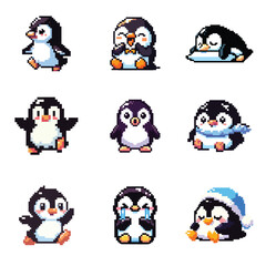 set collection cute mascot 8bit pixel art penguin vector