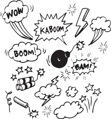 Comic explosions and bombs set. Speech bubbles with the words bom, boom, pow. Vector doodle illustration