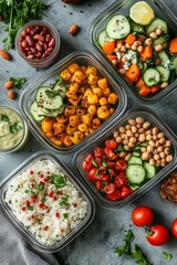 Colorful nutritious meal prep featuring diverse dishes in glass containers, highlighting fresh vegetables and grains.