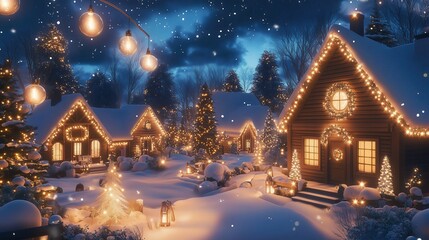 Fototapeta premium Winter evening scene of a small village with decorated cozy cottages with warm soft light in the windows, a street with Christmas festive atmosphere. The houses stand surrounded by snowy firs. 