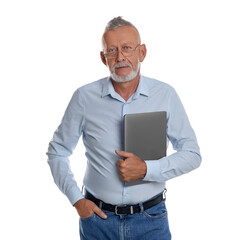 Handsome senior man with laptop on white background