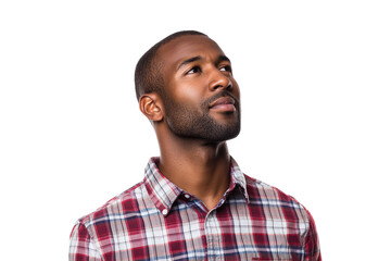 Obraz premium Portrait of a thoughtful African American man in a plaid shirt on a transparent background