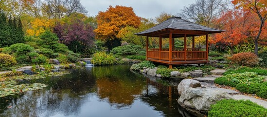 Tranquil Japanese garden with a wooden gazebo overlooking a pond surrounded by autumn foliage.