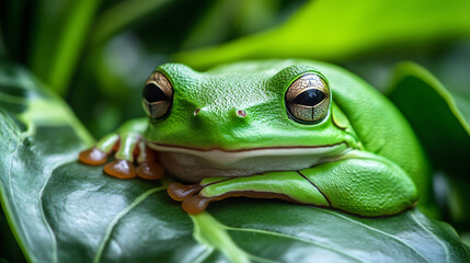 A beautiful green tree frog resting on a leaf