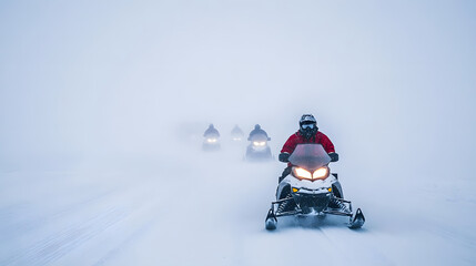 A snowmobile convoy navigating through a whiteout blizzard with visibility reduced to almost nothing.