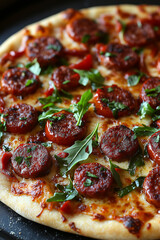 Chorizo and manchego pizza with roasted red peppers and fresh arugula