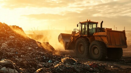 Obraz premium Excavator Moving Garbage at a Landfill During Sunset