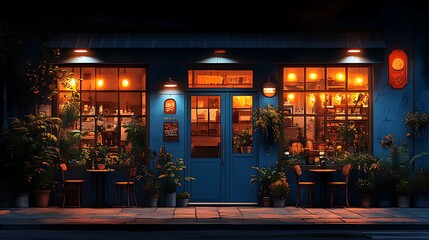 Naklejka premium A cozy cafe with warm lights, inviting tables and chairs on the sidewalk, and lush plants outside, creates a welcoming atmosphere on a quiet evening.