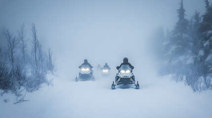 A snowmobile convoy riding through a snowstorm with visibility reduced and the trail barely visible ahead.