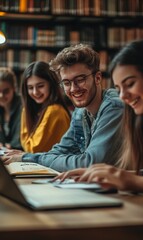 Obraz premium Three students studying in a library.