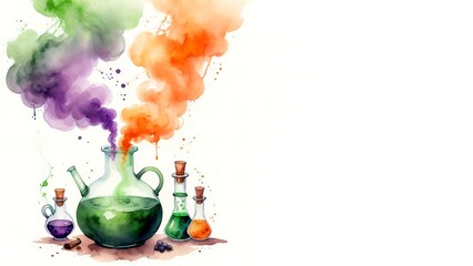 A Magical Potion Laboratory: A captivating watercolor painting of a collection of potion bottles filled with vibrant colors. Halloween. Drawing. Art. Illustration. Copy Space. 2