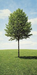 Obraz premium A vibrant green tree stands alone in a lush grass field under a bright blue sky.