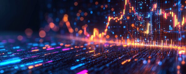 Fototapeta premium 3D glowing market trends in cyberspace, side view, Highlights virtual trading with vivid light graphs in an immersive world, advanced tone, Triadic Color Scheme