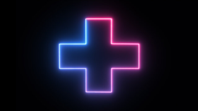 Abstract neon medical cross icon animation, neon plus sign icon, Plus neon sign. Computer generated 3d render, Neon Glowing Plus Symbol on Black Background.