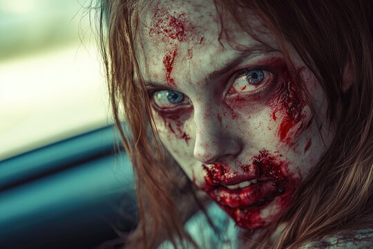 Horror zombie woman with bloody face in the car with generative ai