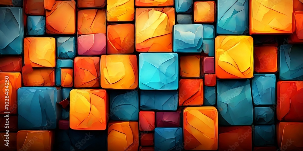 Poster a colorful wall made of blocks with a blue square in the middle