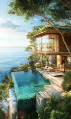 Modern house with infinity pool overlooking ocean.
