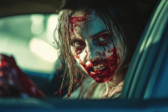 Horror zombie woman with bloody face in the car with generative ai
