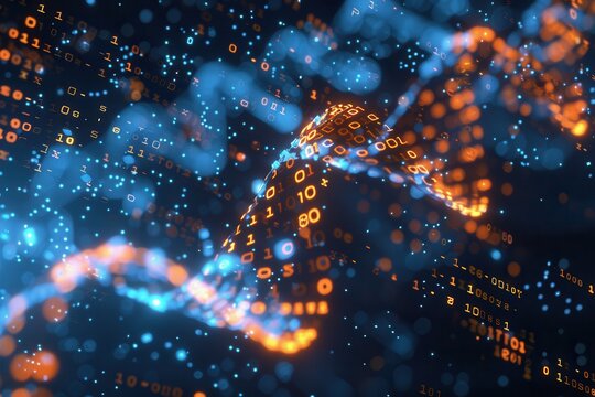 A 3D DNA strand displays a blend of glowing binary code and digital data streams, illustrating the intersection of biology and technology. Generative AI