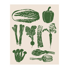 Hand drawn linocut style vegetables poster. Grunge illustration of different vegetables. Vector background	