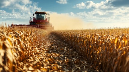 Fototapeta premium Red Combine Harvester Cutting Through a Field of Dry Corn Stalks