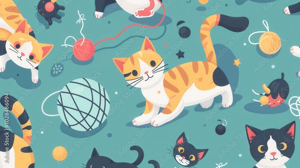 Aufkleber A group of playful cats interacts with various colorful balls and yarn, creating a lively and cheerful atmosphere together. Generative AI