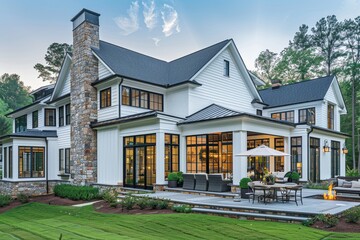  Architectural photo of a two-story modern farmhouse in Alpharetta, Georgia, featuring white walls, stone accents, large windows, a gray shingle roof, and beautiful landscaping.
