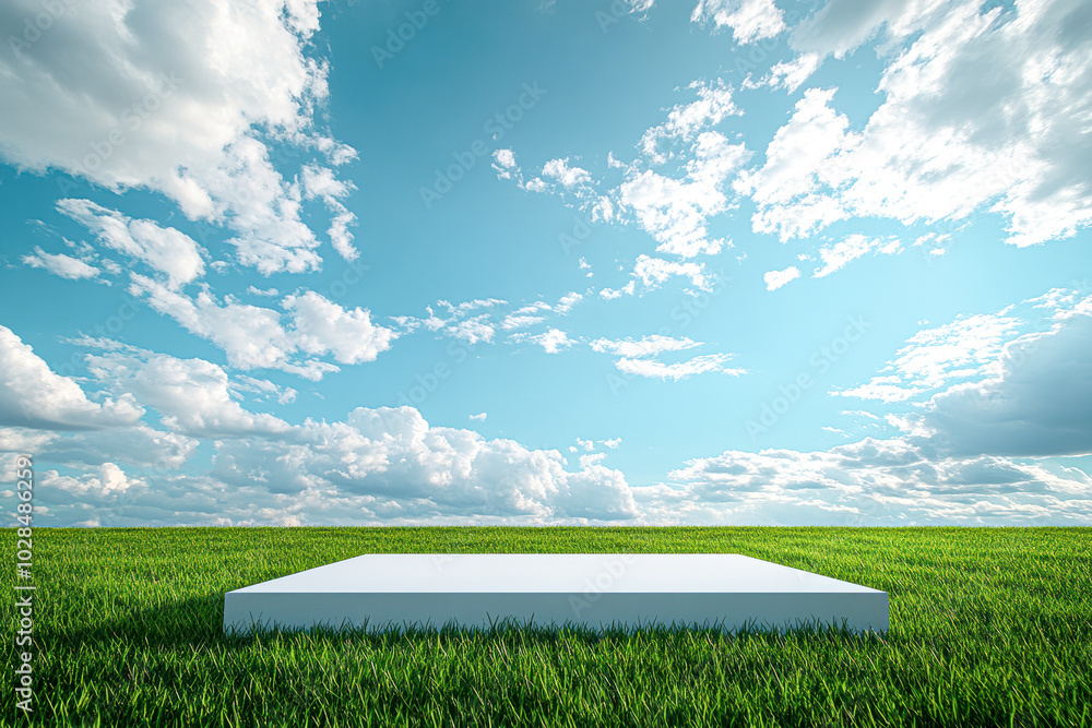 Canvas Prints Serene White Daisy on Lush Green Lawn with Blue Sky and Clouds