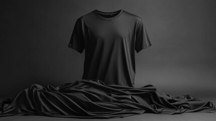 A stylish black t-shirt is showcased, resting on elegant black fabric, set against a dark backdrop that highlights its sleek design.