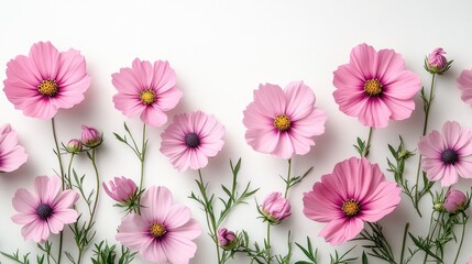Pink Cosmos Flowers on White Background
