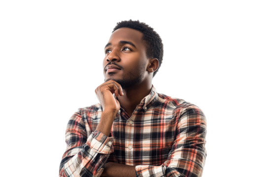 Portrait of a thoughtful African American man in a plaid shirt on a transparent background