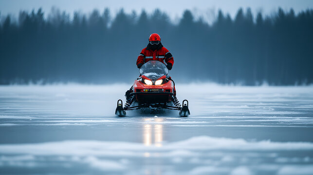A snowmobile pulling an emergency rescue sled across a frozen lake with the rider wearing bright reflective gear.