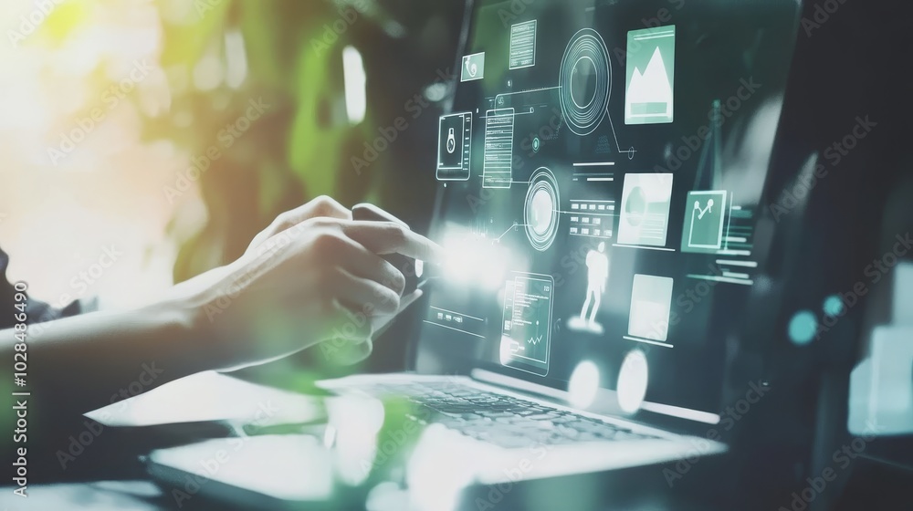 Poster a person interacting with a laptop featuring digital data and charts, symbolizing technology and inn