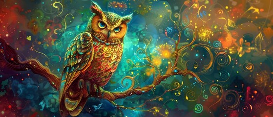 Fototapeta premium Colorful Owl on Branch with Abstract Background